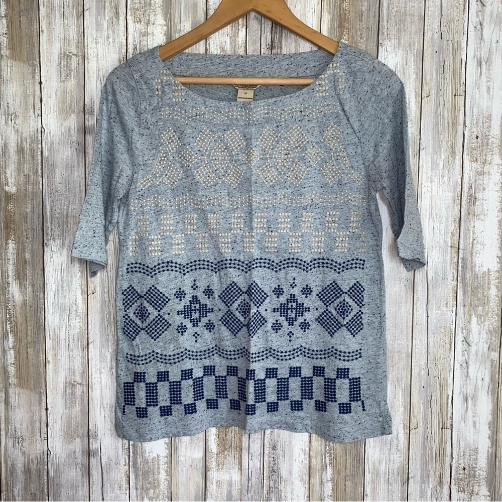 Lucky Brand Blue Embroidered Boho Knit Top Geometric 3/4 Sleeve Medium - Picture 1 of 4